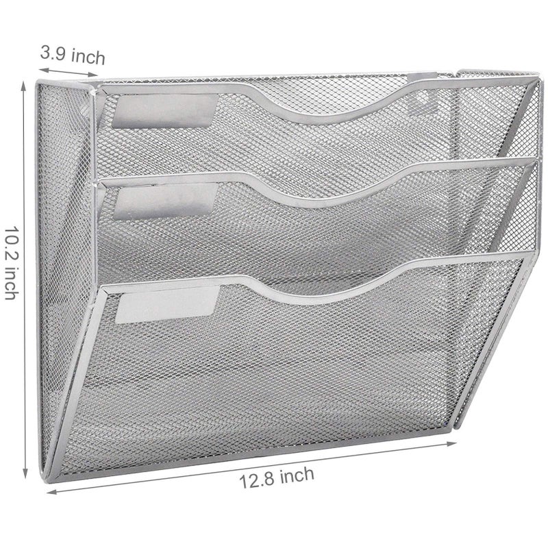 EASEPRES 3 Pocket Mesh Hanging Wall File Organizer, Wall Mounted Mail Paper Document Folder Holder, Clipboard Storage Organization Magazine Rack with Nametag Label for Office Home School, Silver - Image 2